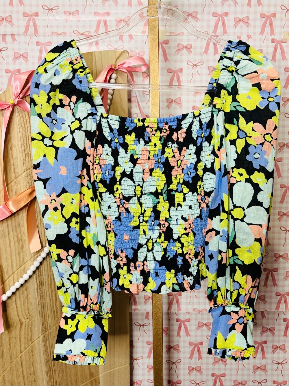 Free People Ariana Top Black Retro Floral Neons Smocked Balloon Sleeve Mod XS